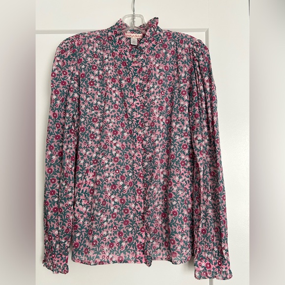 Banjanan Tops - Banjanan cotton floral blouse with ruffle details, button front, pockets. Small